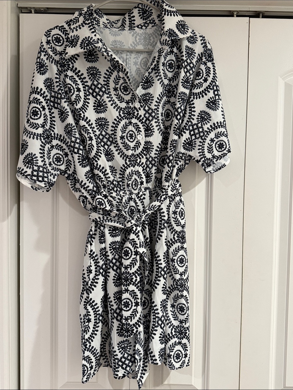 White and Black Patterned Romper with Tie Waist